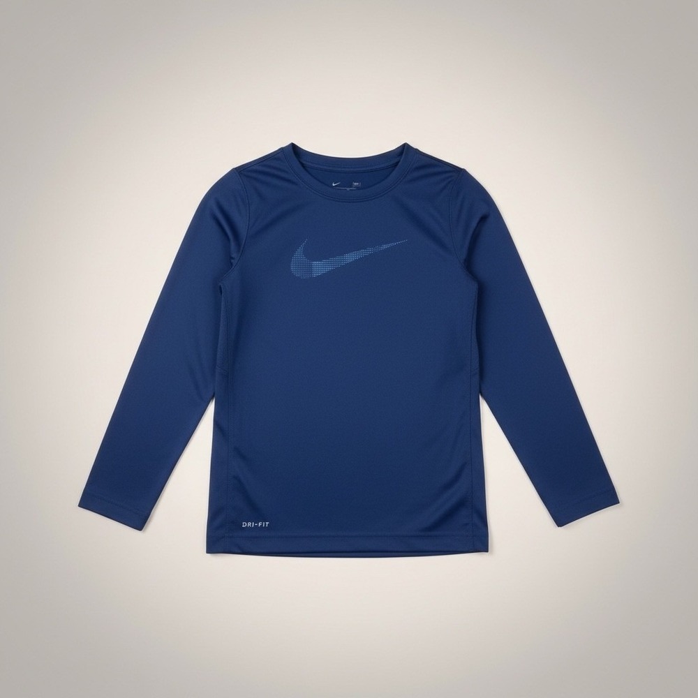 Nike Dri-FIT Boys Long Sleeve Shirt Navy Blue Dotted Swoosh Graphic Size Medium